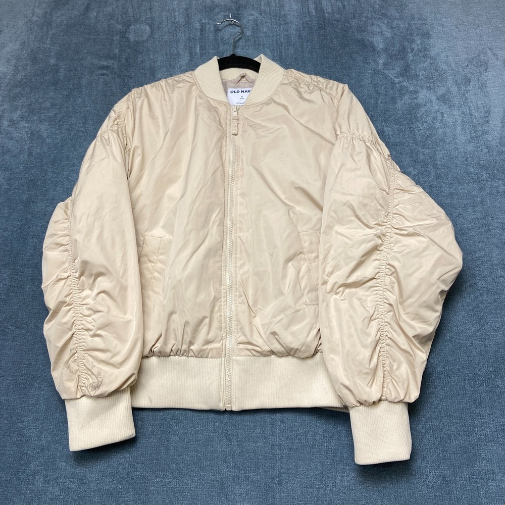 Old Navy Oversized Bomber Jacket Womens Medium Beige Ribbed Hem Long Sleeve